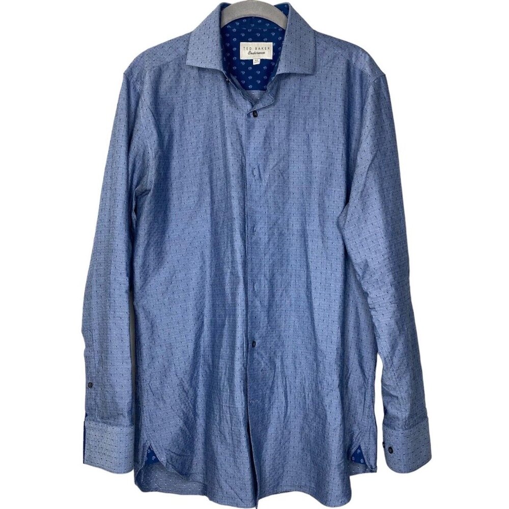 Ted Baker Endurance Dress Shirt (Size 15.5 32/33) Blue Dot Contrast Flip Cuff